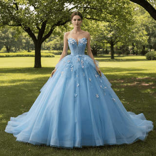 Sky Blue Sweetheart Puffy 3D Flowers Quinceanera Dresses - Rosymae