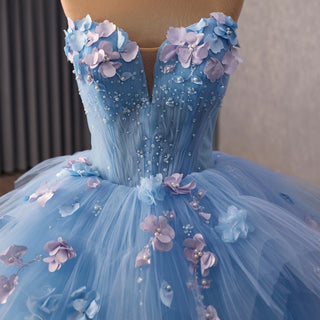 Sky Blue Sweetheart Puffy 3D Flowers Quinceanera Dresses - Rosymae