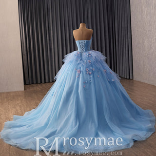 Sky Blue Sweetheart Puffy 3D Flowers Quinceanera Dresses - Rosymae