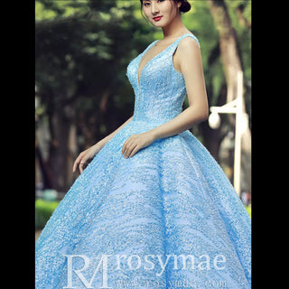 Sky Blue V Neck Quince Dress Quinceanera Gown - Rosymae