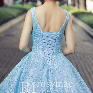 Sky Blue V Neck Quince Dress Quinceanera Gown - Rosymae