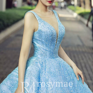Sky Blue V Neck Quince Dress Quinceanera Gown - Rosymae