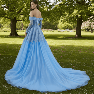 Sky Blue Wedding Dress Long Sleeve Off the Shoulder Formal Dress - Rosymae