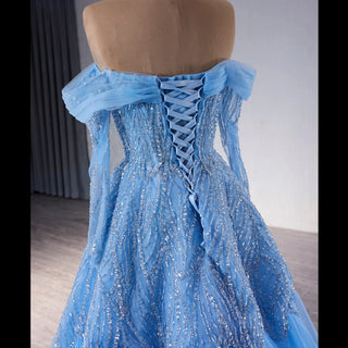 Sky Blue Wedding Dress Long Sleeve Off the Shoulder Formal Dress - Rosymae