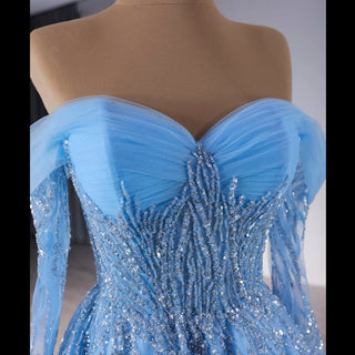 Sky Blue Wedding Dress Long Sleeve Off the Shoulder Formal Dress - Rosymae