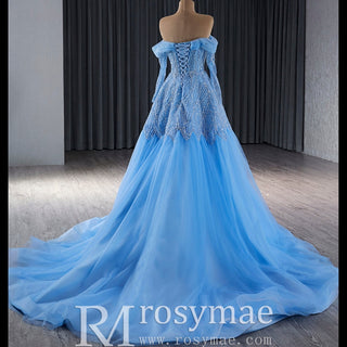 Sky Blue Wedding Dress Long Sleeve Off the Shoulder Formal Dress - Rosymae