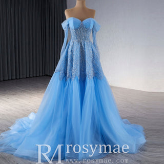 Sky Blue Wedding Dress Long Sleeve Off the Shoulder Formal Dress - Rosymae