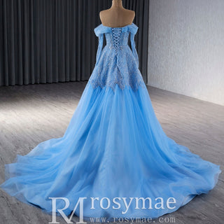 Sky Blue Wedding Dress Long Sleeve Off the Shoulder Formal Dress - Rosymae
