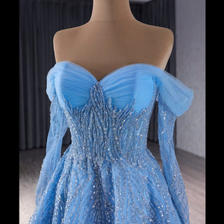 Sky Blue Wedding Dress Long Sleeve Off the Shoulder Formal Dress - Rosymae