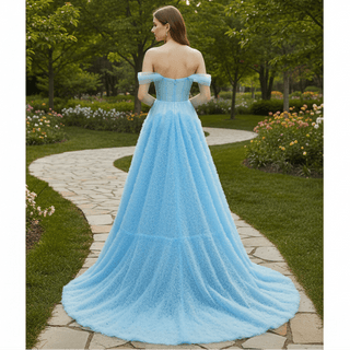 Sky Ruffle Skirt Blue Prom Dress with Ruched Corset Bodice & Off-Shoulder Tulle Swags - Rosymae