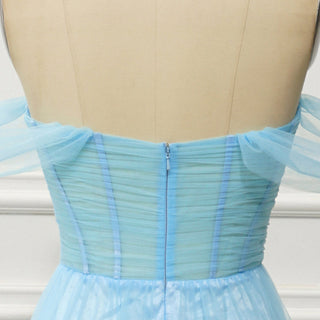 Sky Ruffle Skirt Blue Prom Dress with Ruched Corset Bodice & Off-Shoulder Tulle Swags - Rosymae