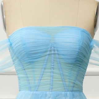 Sky Ruffle Skirt Blue Prom Dress with Ruched Corset Bodice & Off-Shoulder Tulle Swags - Rosymae