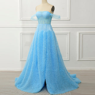 Sky Ruffle Skirt Blue Prom Dress with Ruched Corset Bodice & Off-Shoulder Tulle Swags - Rosymae