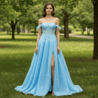 Sky Ruffle Skirt Blue Prom Dress with Ruched Corset Bodice & Off-Shoulder Tulle Swags - Rosymae