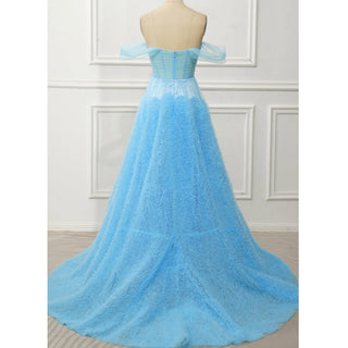 Sky Ruffle Skirt Blue Prom Dress with Ruched Corset Bodice & Off-Shoulder Tulle Swags - Rosymae