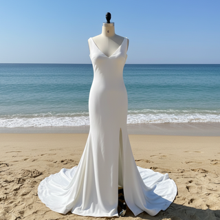 Classic Simple V-Neck Mermaid Wedding Dress with Leg Slit Elegant Bridal Gown