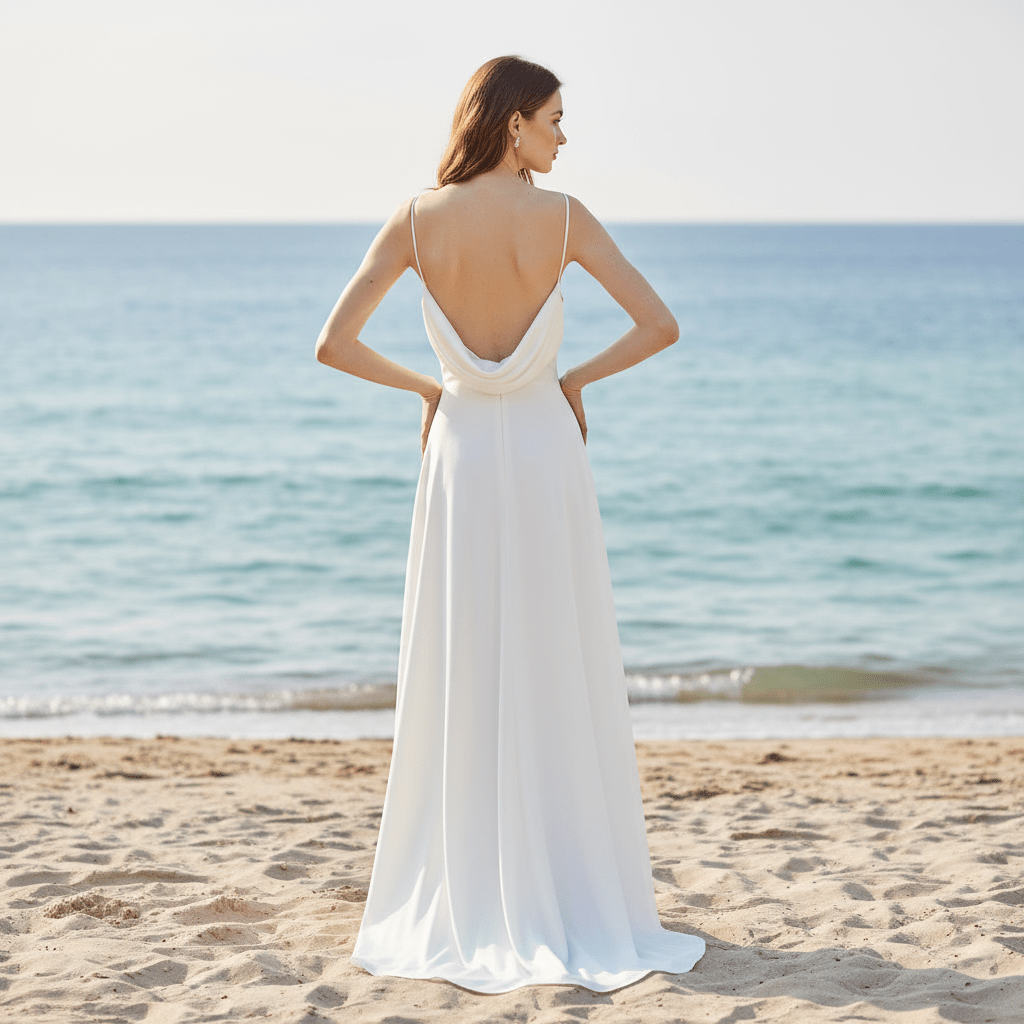 Sleek Satin Fit and Flare Sheath Wedding Dress with Open Back Ivory / 12