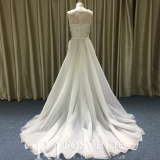 Sleeveless A-line Wedding Gown with Lace Bodice and Full Tulle Skirt - Rosymae