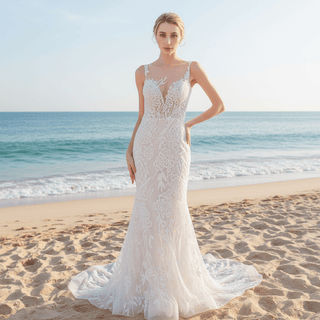 Sleeveless Illusion Neckline Sheer Lace Mermaid Wedding Dress - Rosymae