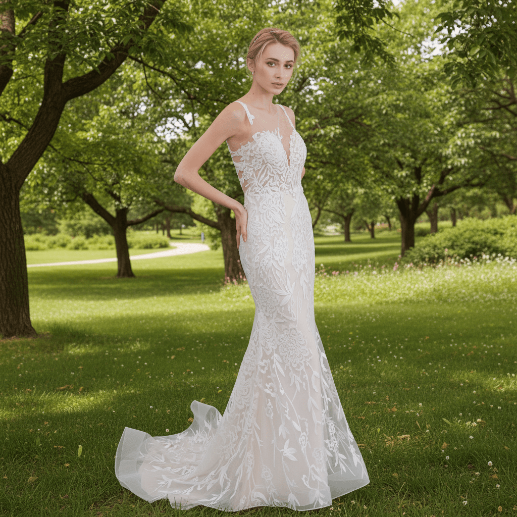 Sleeveless Illusion Neckline Sheer Lace Mermaid Wedding Dress - Rosymae