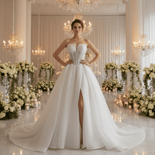 Slit Front Sweetheart Corset Bodice Wedding Dress with Crystal & Pearl - Rosymae