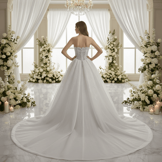 Slit Front Sweetheart Corset Bodice Wedding Dress with Crystal & Pearl - Rosymae