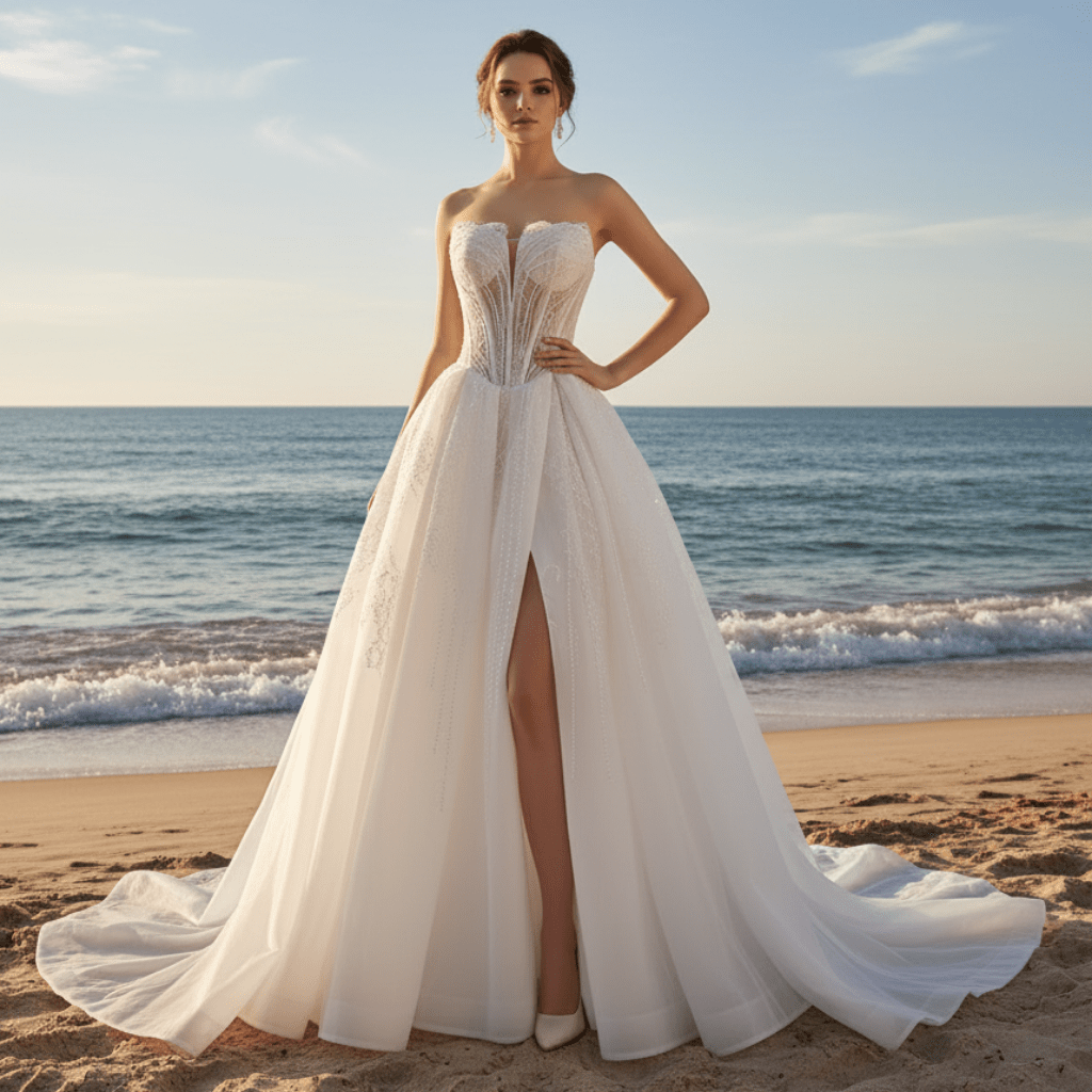 Slit Front Sweetheart Corset Bodice Wedding Dress with Crystal & Pearl - Rosymae