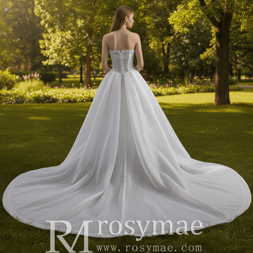 Slit Front Sweetheart Corset Bodice Wedding Dress with Crystal & Pearl - Rosymae
