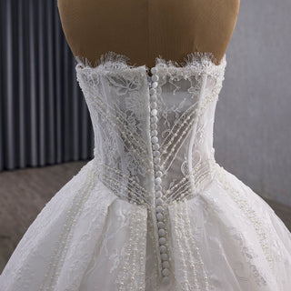 Slit Front Sweetheart Corset Bodice Wedding Dress with Crystal & Pearl - Rosymae