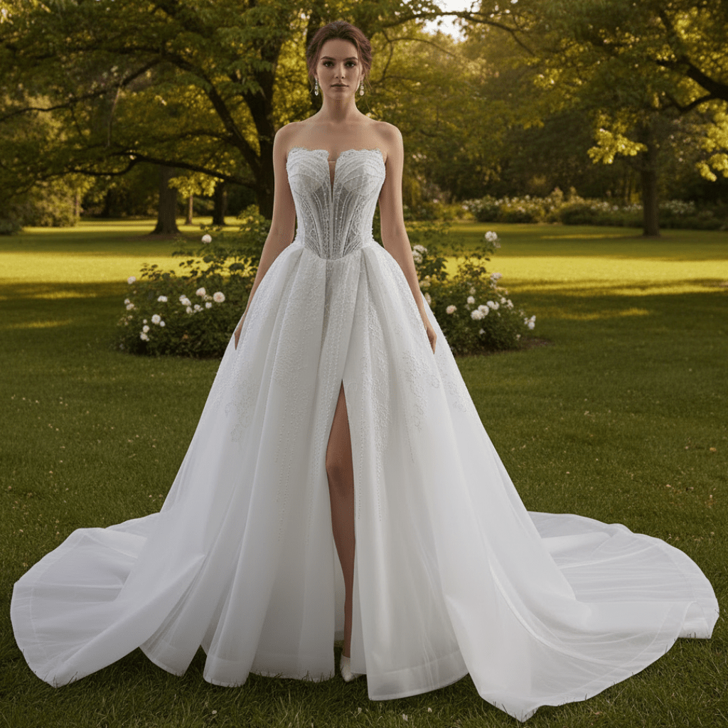 Slit Front Sweetheart Corset Bodice Wedding Dress with Crystal & Pearl - Rosymae