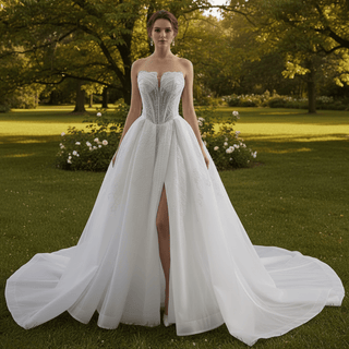 Slit Front Sweetheart Corset Bodice Wedding Dress with Crystal & Pearl - Rosymae