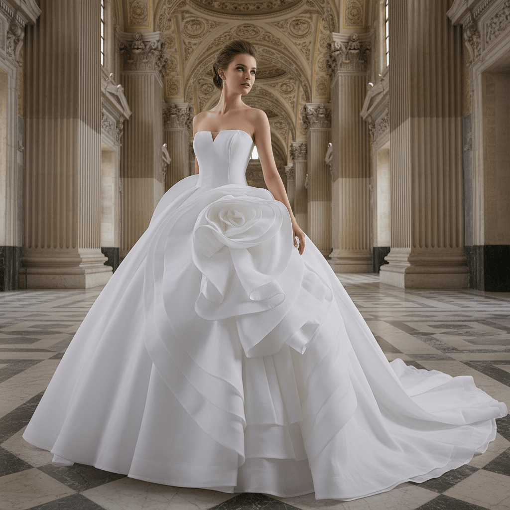 Small V-neck Ball Gown Wedding Dress with Massive Cascading Satin Rosette - Rosymae