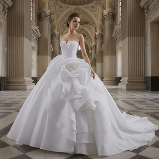 Small V-neck Ball Gown Wedding Dress with Massive Cascading Satin Rosette - Rosymae