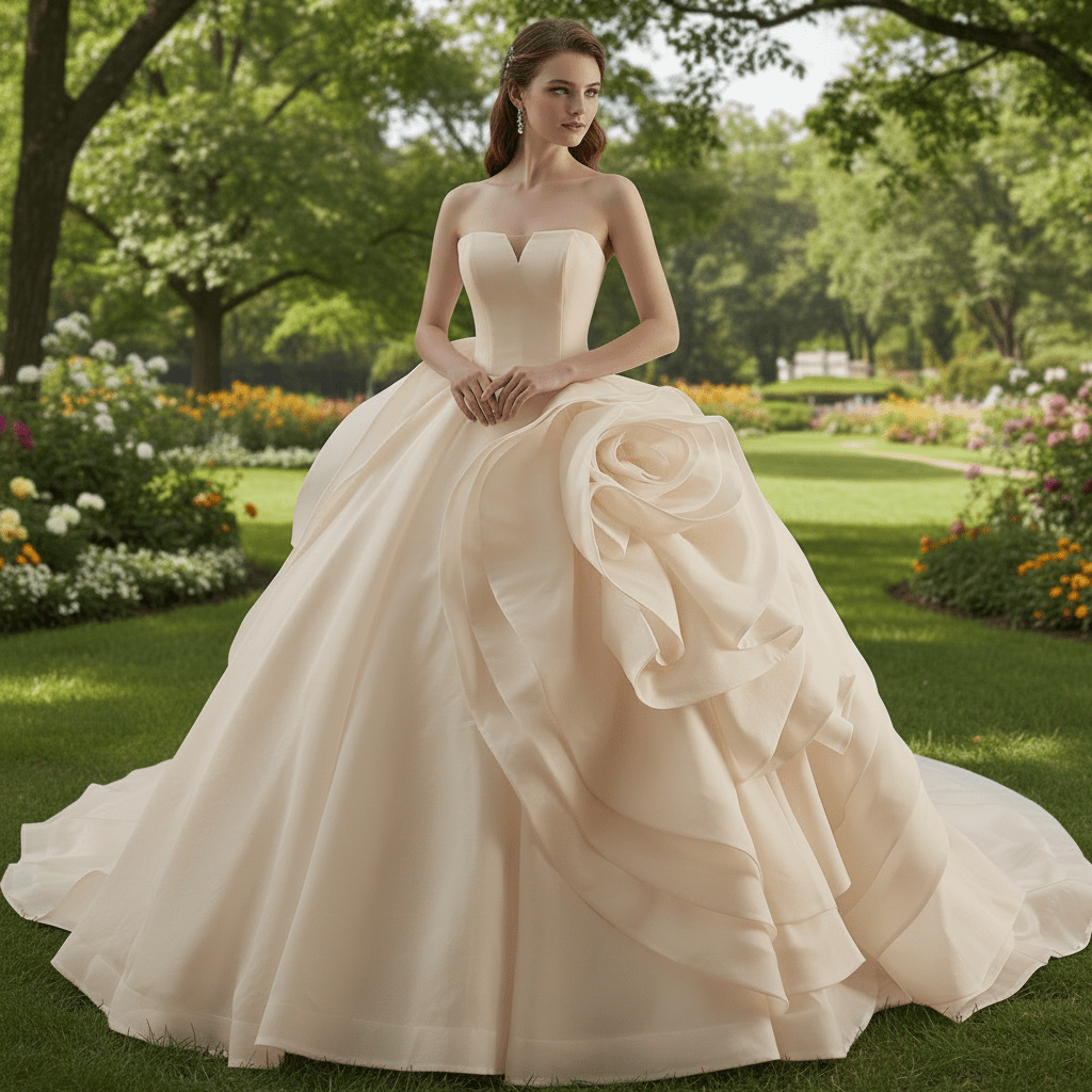 Small V-neck Ball Gown Wedding Dress with Massive Cascading Satin Rosette - Rosymae