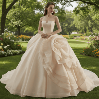 Small V-neck Ball Gown Wedding Dress with Massive Cascading Satin Rosette - Rosymae