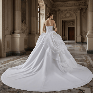 Small V-neck Ball Gown Wedding Dress with Massive Cascading Satin Rosette - Rosymae