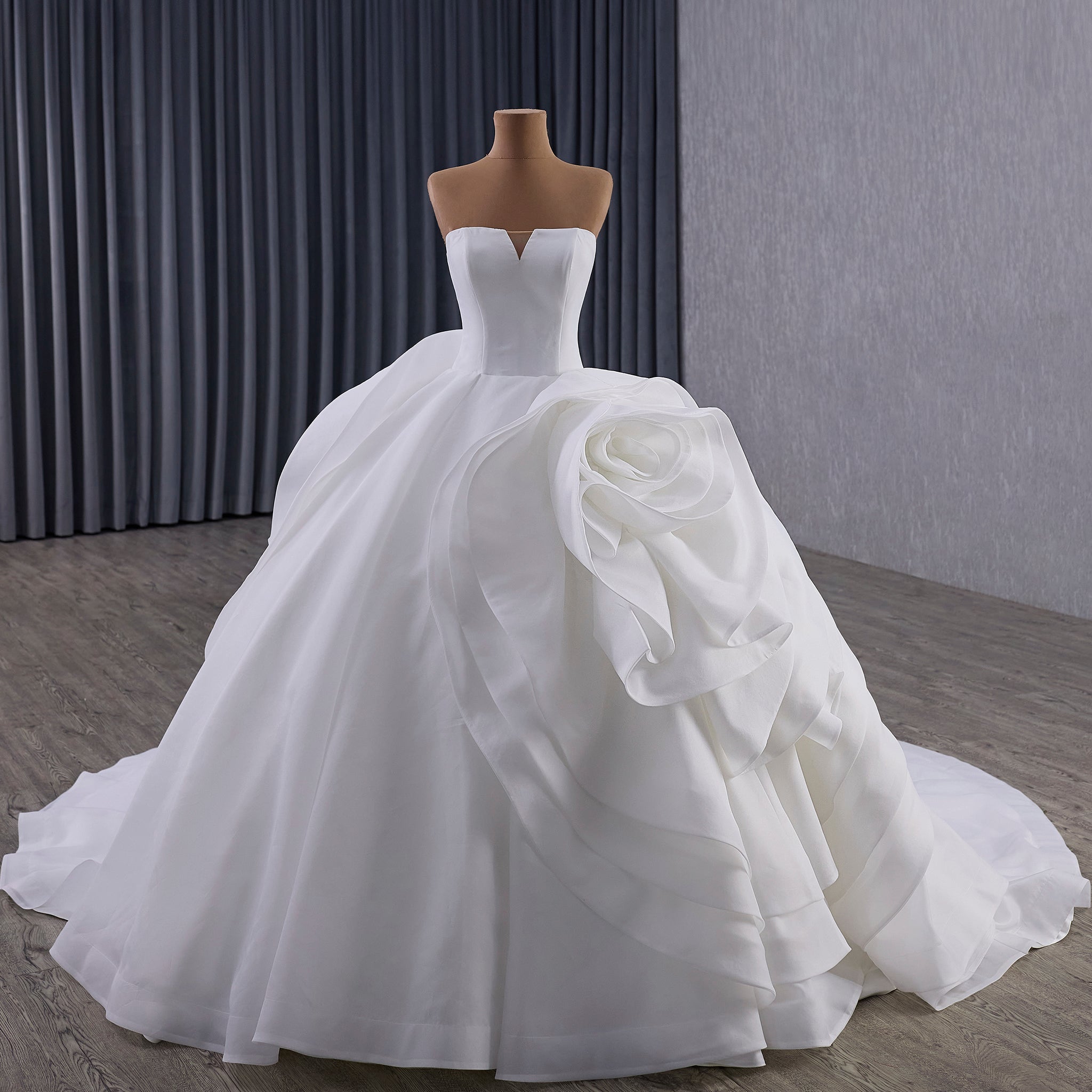 Small V-neck Ball Gown Wedding Dress with Massive Cascading Satin Rosette - Rosymae