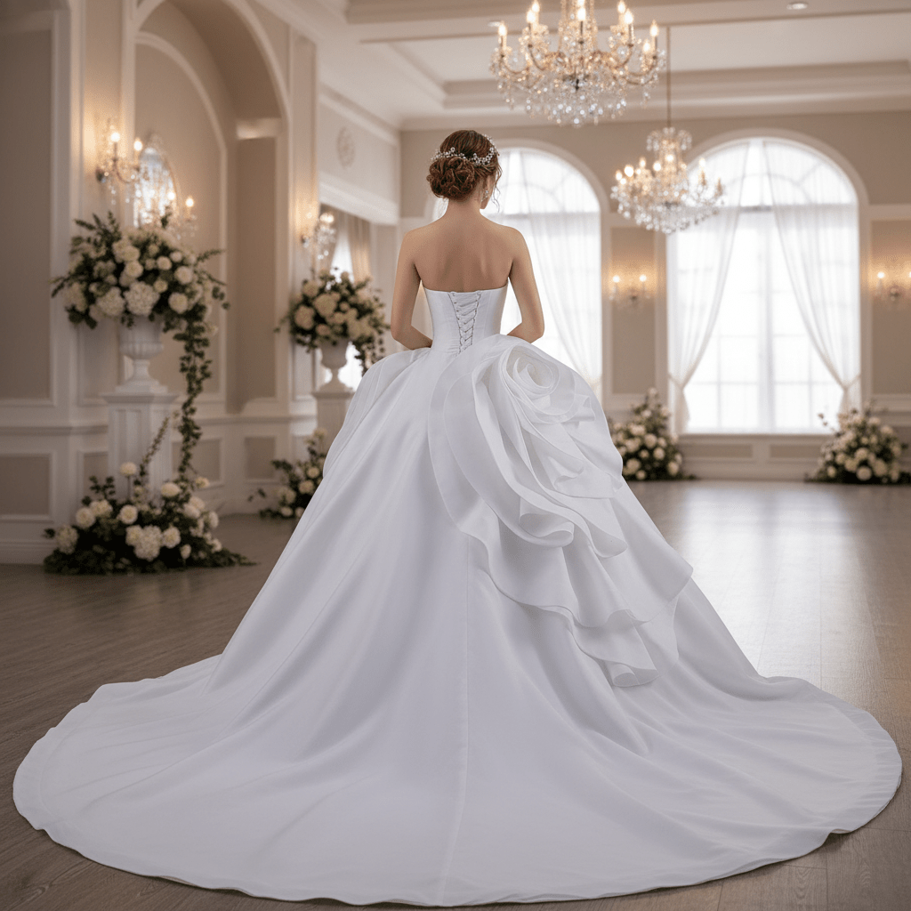 Small V-neck Ball Gown Wedding Dress with Massive Cascading Satin Rosette - Rosymae