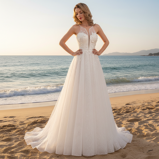 Spaghetti Strap Plunging A-line Tulle Wedding Dress Low Back