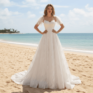 Spaghetti Strap A-line Lace Wedding Dress With Cap Sleeve - Rosymae