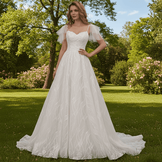 Spaghetti Strap A-line Lace Wedding Dress With Cap Sleeve - Rosymae