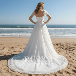 Spaghetti Strap A-line Lace Wedding Dress With Cap Sleeve - Rosymae