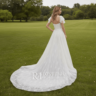 Spaghetti Strap A-line Lace Wedding Dress With Cap Sleeve - Rosymae