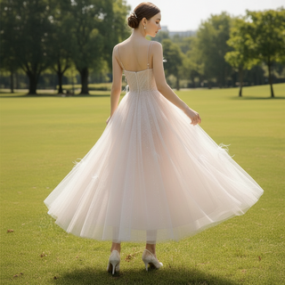 Tea Length Formal Dress Party Gown with Tank Strap and Feathers