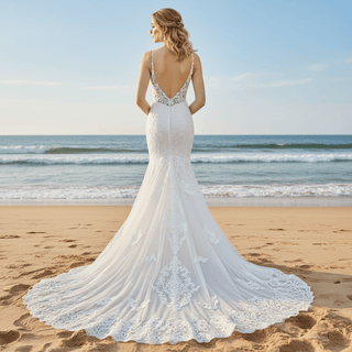 Spaghetti Strap Beaded Floral Lace Mermaid Wedding Dress - Rosymae