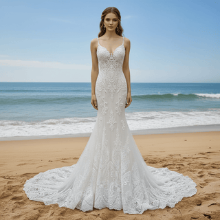 Spaghetti Strap Beaded Floral Lace Mermaid Wedding Dress - Rosymae