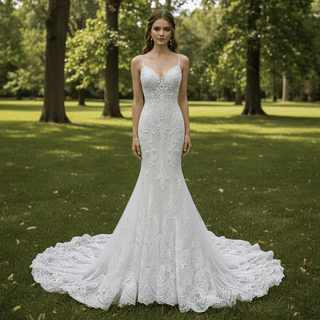 Spaghetti Strap Beaded Floral Lace Mermaid Wedding Dress - Rosymae