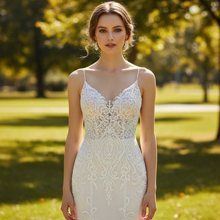 Spaghetti Strap Beaded Floral Lace Mermaid Wedding Dress - Rosymae
