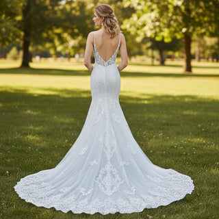 Spaghetti Strap Beaded Floral Lace Mermaid Wedding Dress - Rosymae