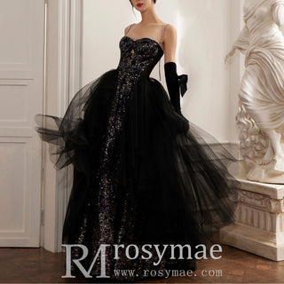 Spaghetti Straps Tulle and Sequin Black Wedding Dress with Detachable Train